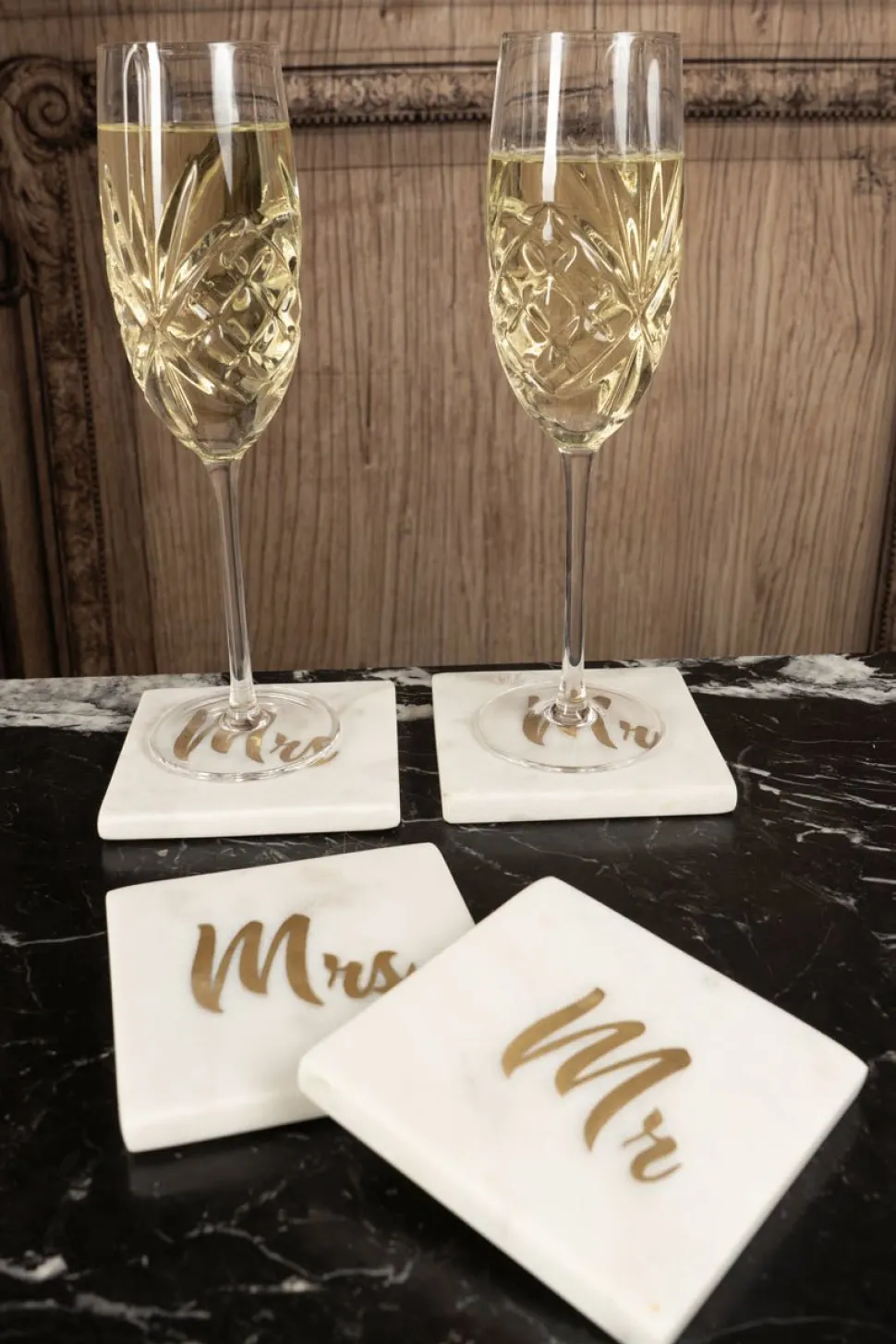 Set 2 Posavasos De Mármol Con Diseño Mr & Mrs