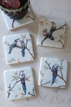 Set 4 Posavasos De Mármol Diseño Pájaros