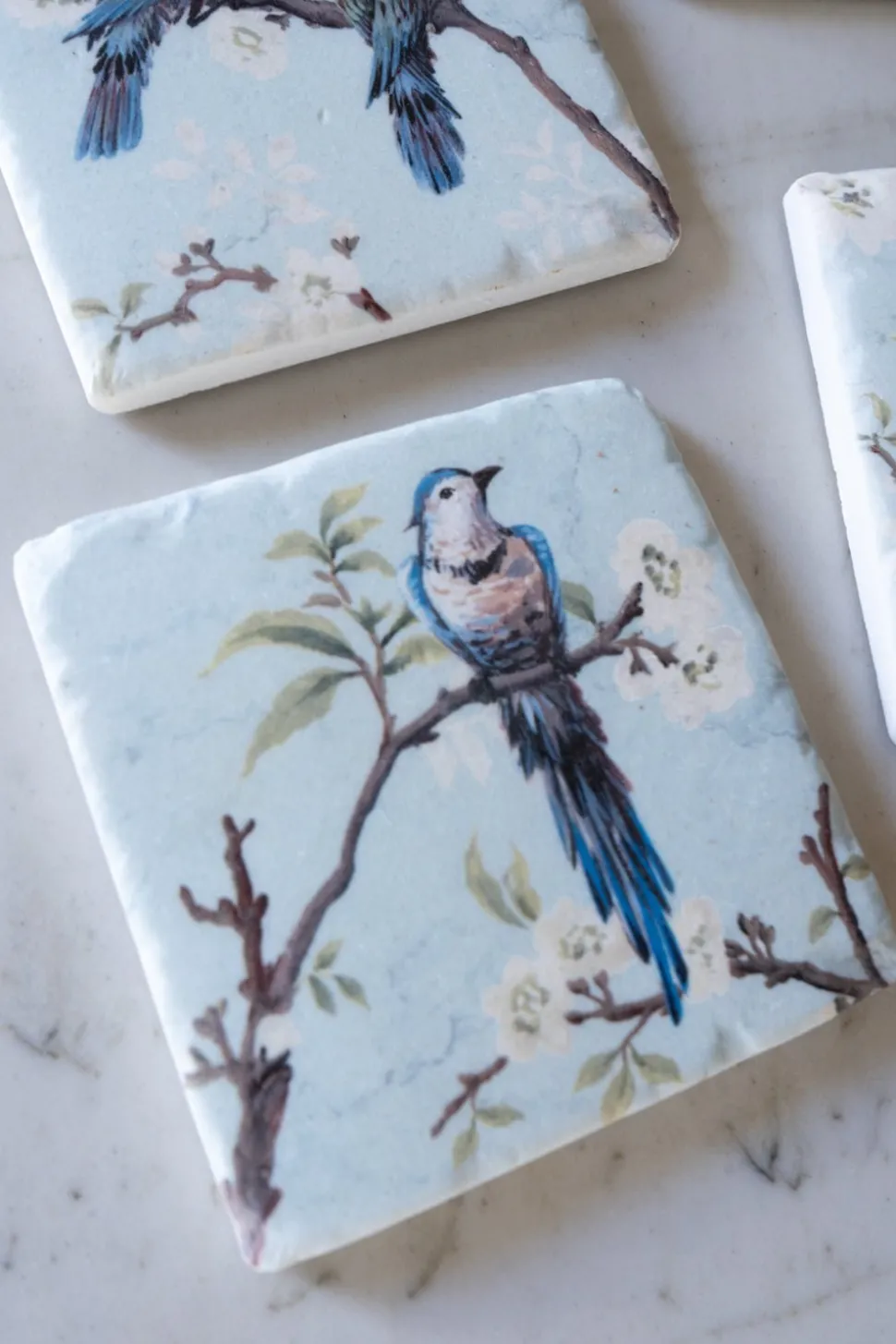 Set 4 Posavasos De Mármol Diseño Pájaros