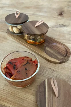 Set 3 Recipientes De Cristal Con Tapas Y Base De Madera