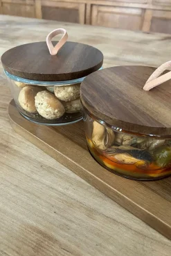 Set 3 Recipientes De Cristal Con Tapas Y Base De Madera