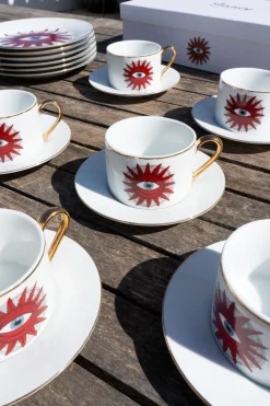 Set 6 Tazas Y Platos De Porcelana Con Diseño Good Luck