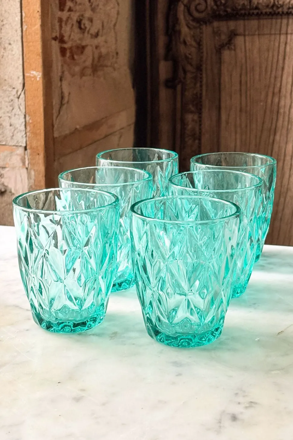 Set 6 Vasos Azules Turquesas Diseño Rombos