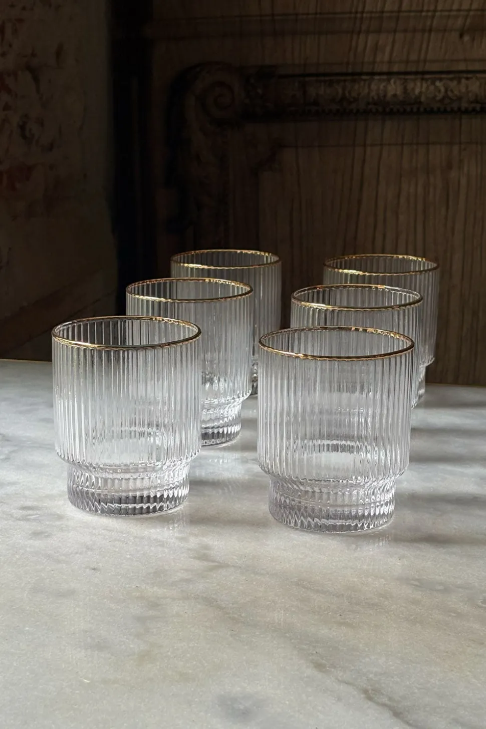 Set 6 Vasos Rayados Con Filo Dorado
