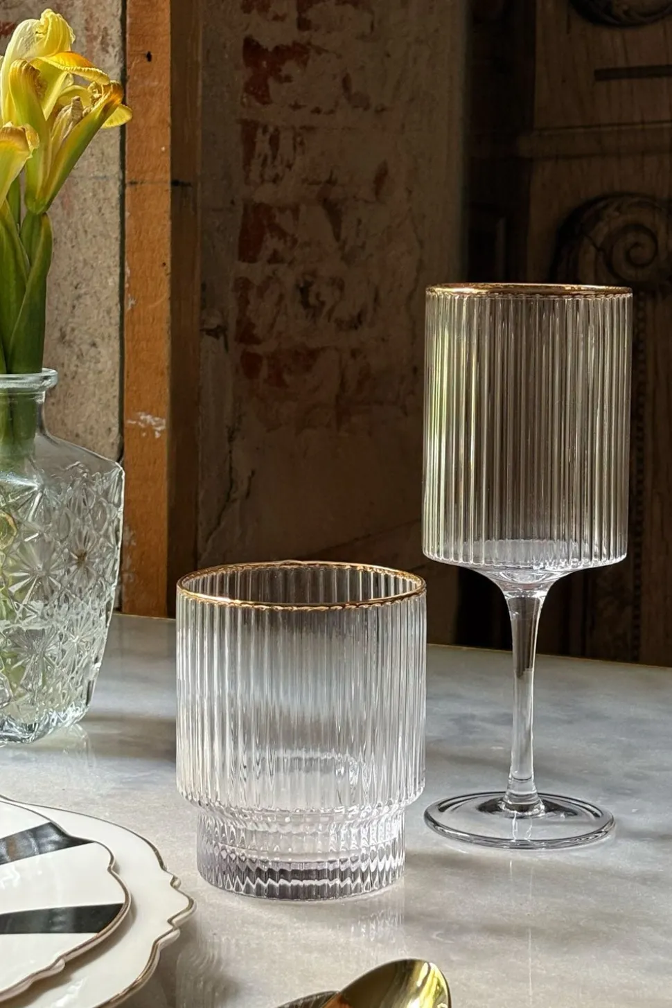 Set 6 Vasos Rayados Con Filo Dorado