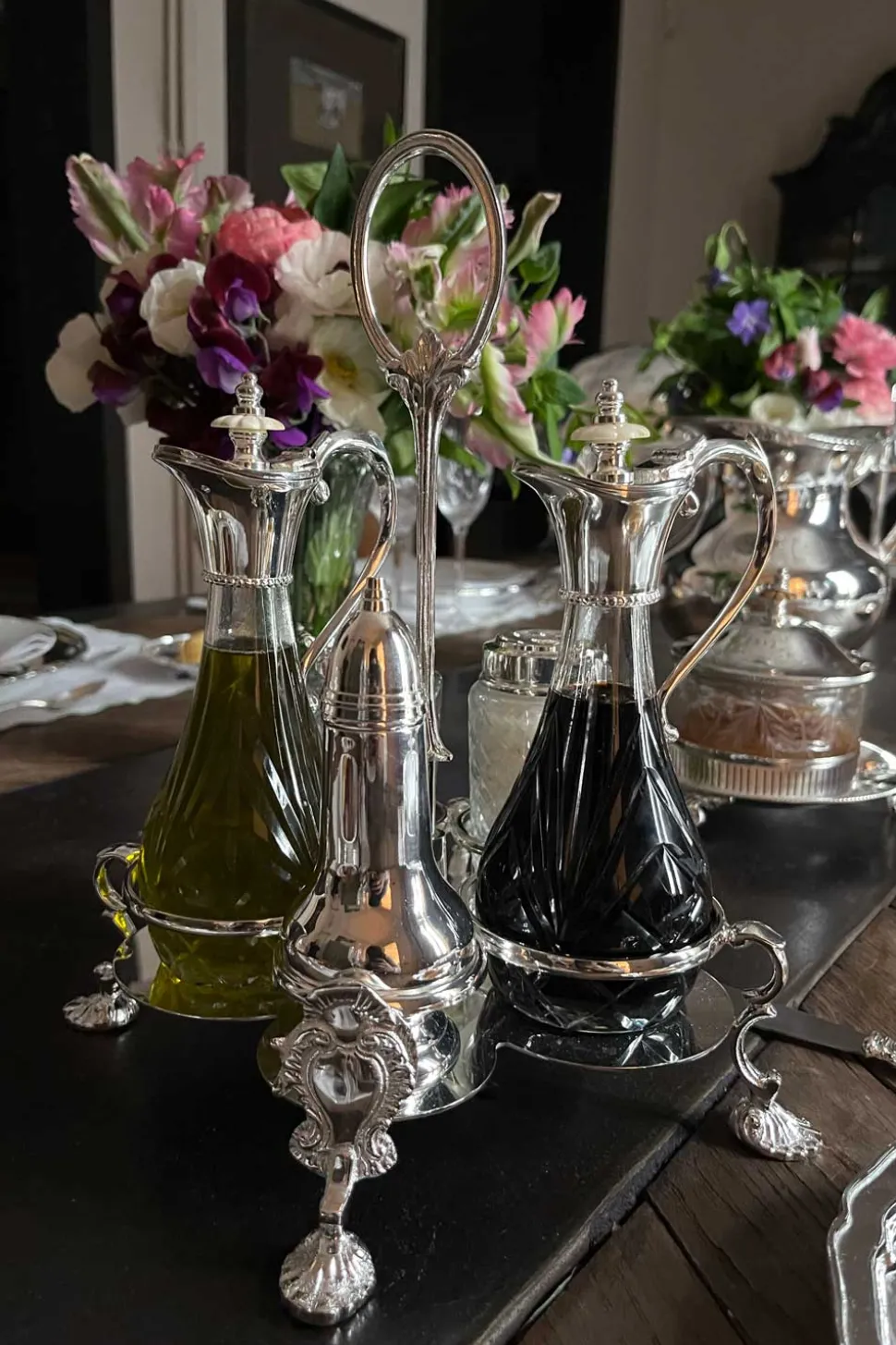 Set Aceitera, Vinagrera, Salero Y Pimentero De Cristal Y Plata Co