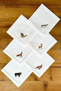Set de 6 Servilletas Bordadas a Mano con Diseño de Animales de Caza