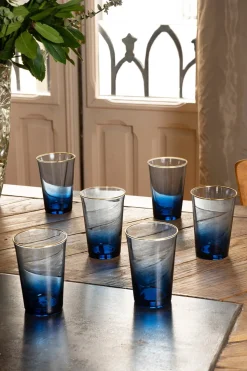 Set De 6 Vasos De Cristal Azul Con Filo Dorado