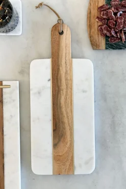 Tabla Rectangular De Mármol Y Madera Con Mango Y Detalles Dorados