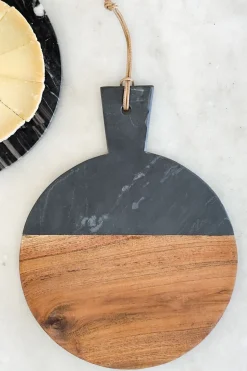 Tabla Redonda De Mármol Negra Y Madera Con Mango