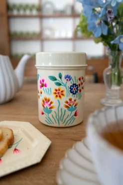 Tarro Con Tapa Beige Con Flores De Colores Pintadas