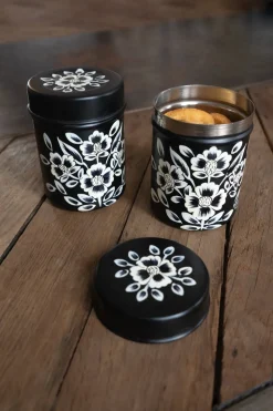 Tarro Con Tapa Negro Con Flores Blancas Pintadas