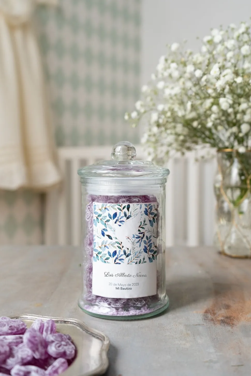 Tarro de Violetas Personalizado Especial Bautizo