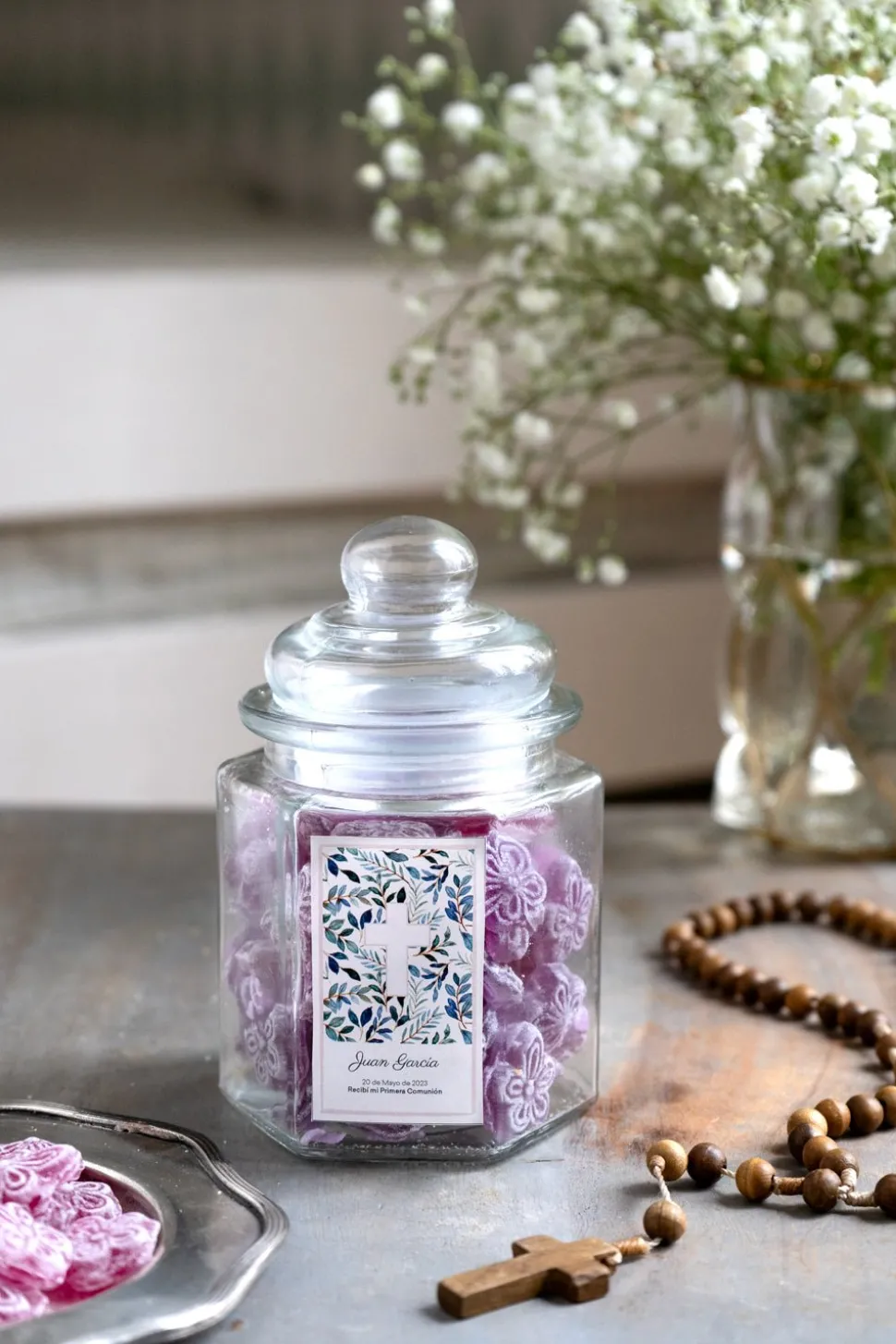 Tarro Hexagonal Violetas Personalizado Especial Comuniones